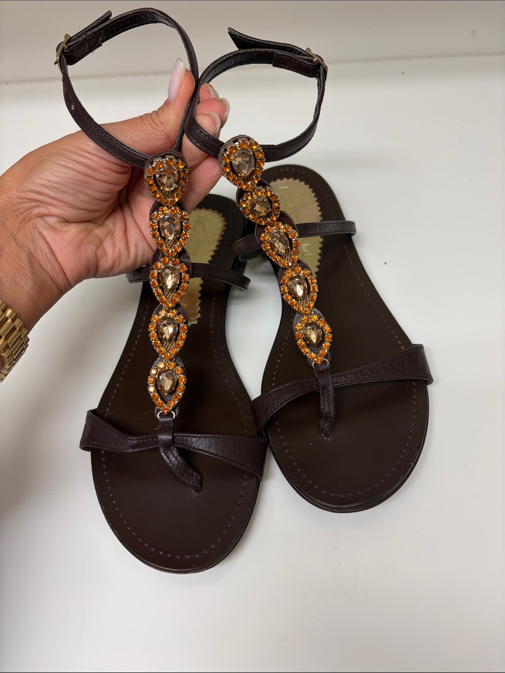 Mercedeh shoes Women's Brown Jeweled T-Strap Sandals - Brown with Amber Accents